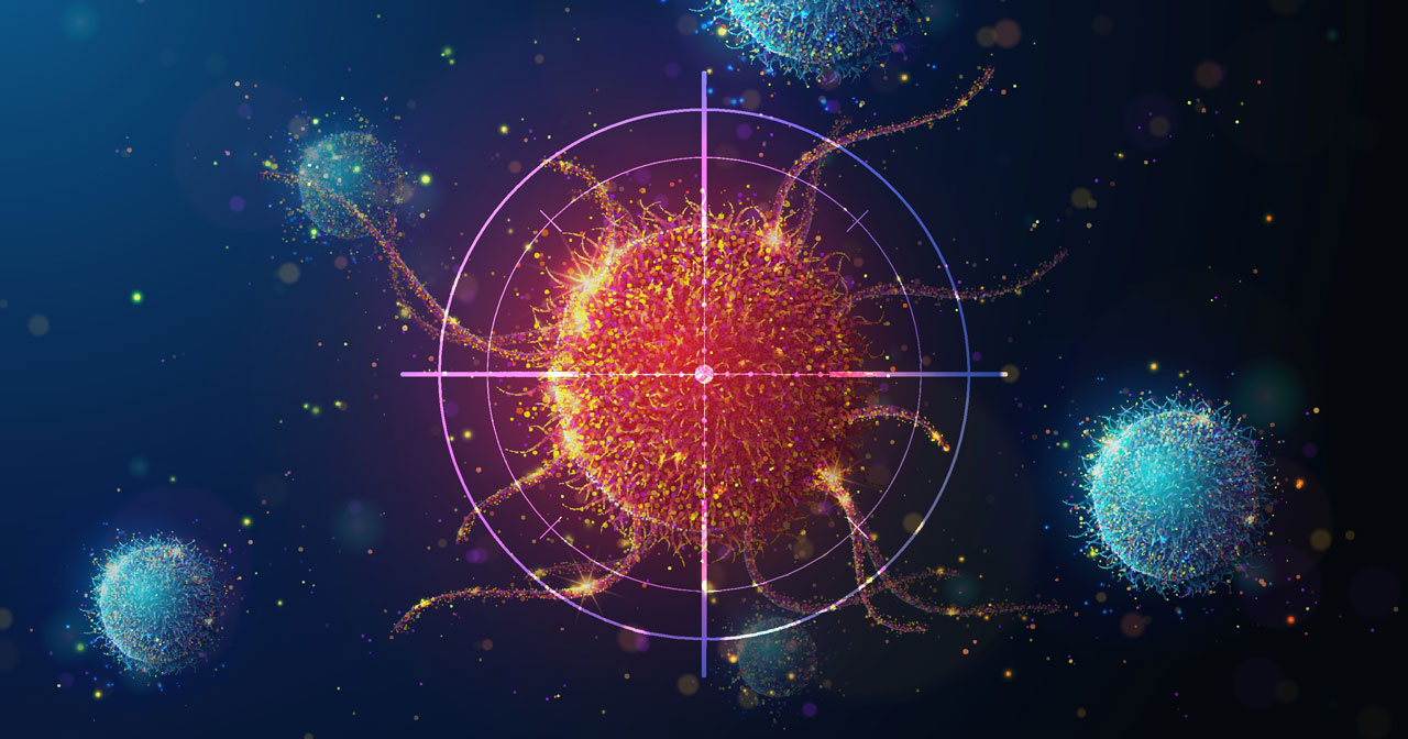 An abstract image to illustrate targeting cancer cells with cyberknife radiation